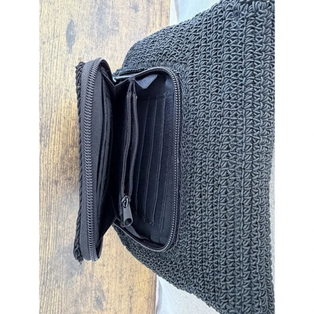 Amanda Smith Woven Shoulder HOBO Bag Purse Black Crochet Knit‎